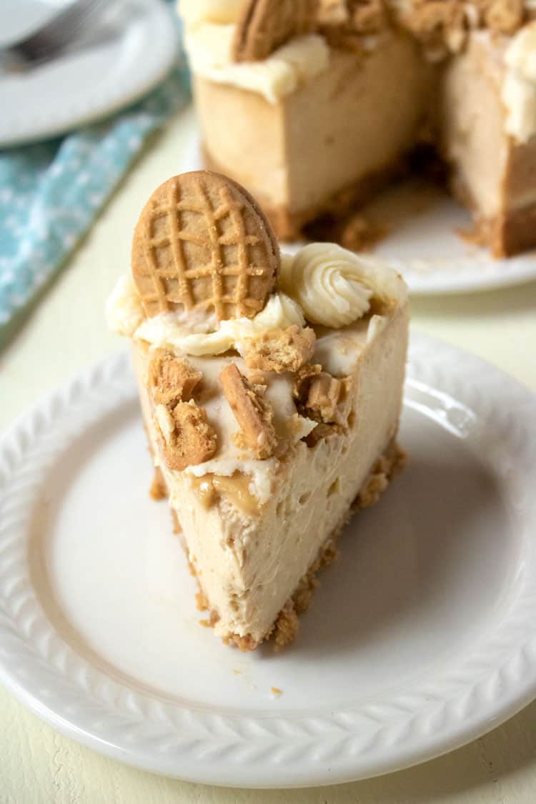 slice of peanut butter cheesecake on white plate