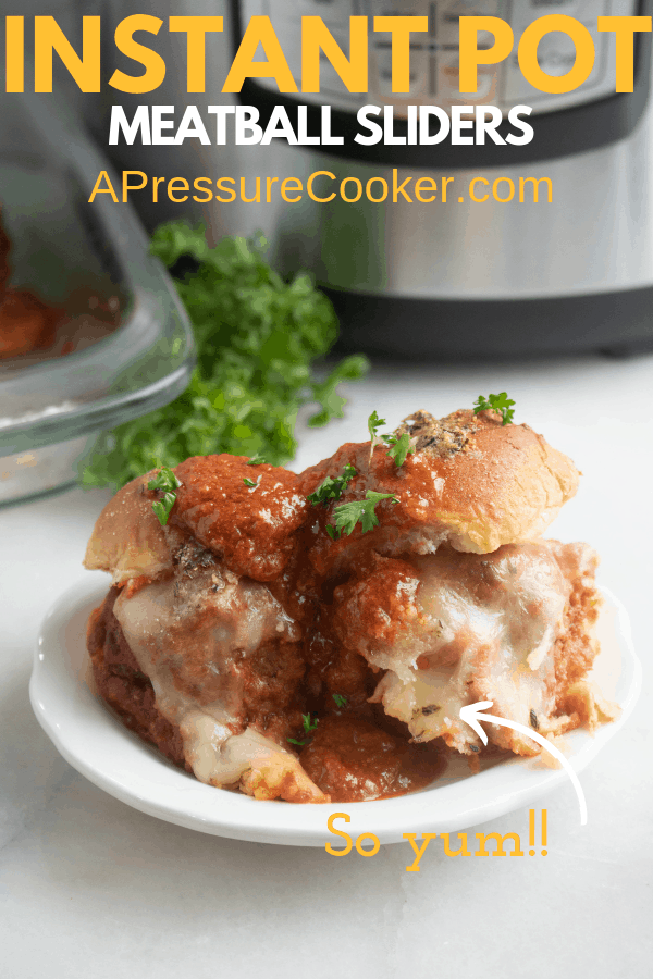 meatball sliders on a white plate with instant pot in the background