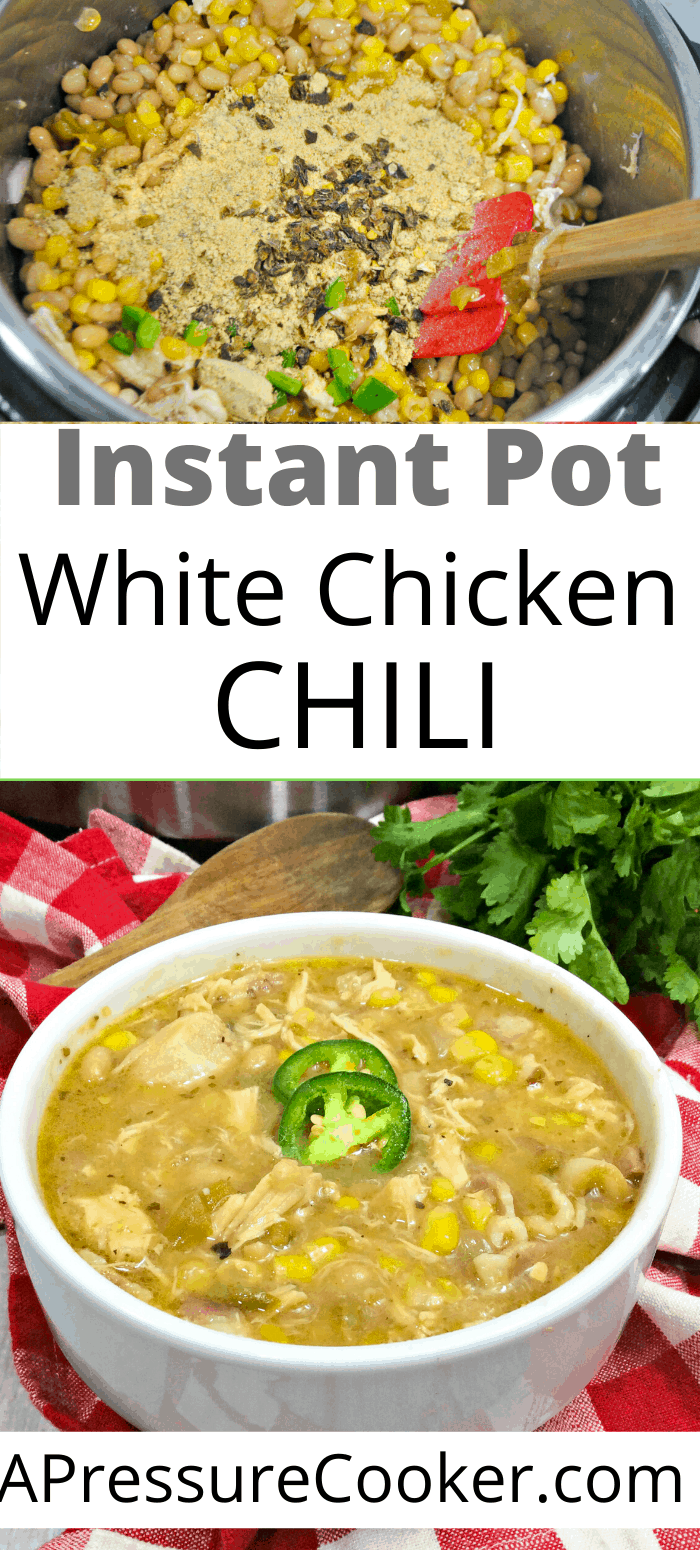 white chicken chili in white bowl with words Instant Pot White Chicken Chili included to label photo