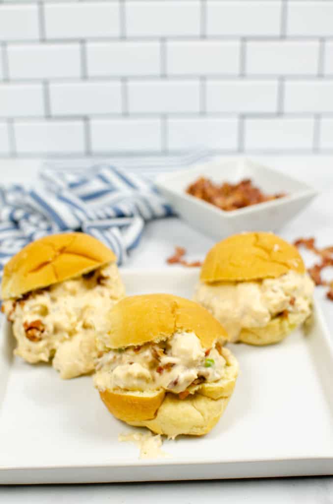 keto instant pot crack Creamy Chicken Bacon Ranch on buns on white plate