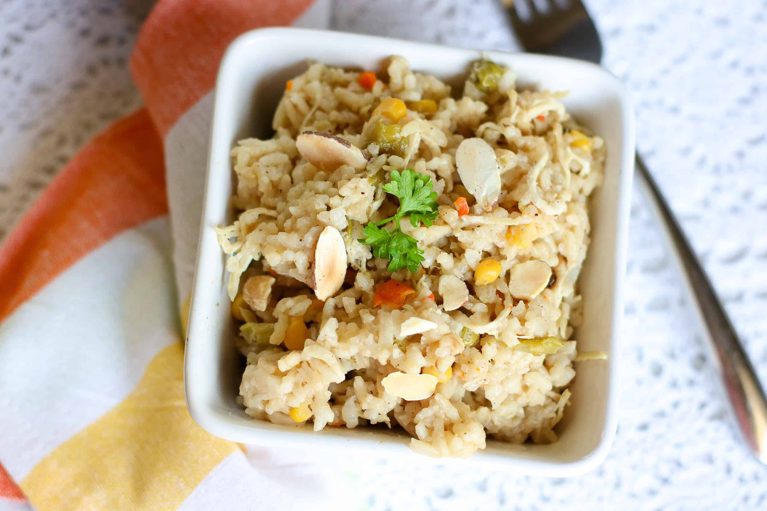 Instant Pot Chicken and Rice in white bowl