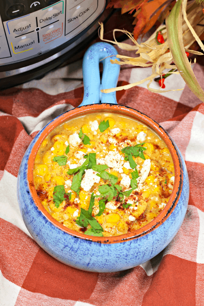 corn chowder recipe in blue bowl