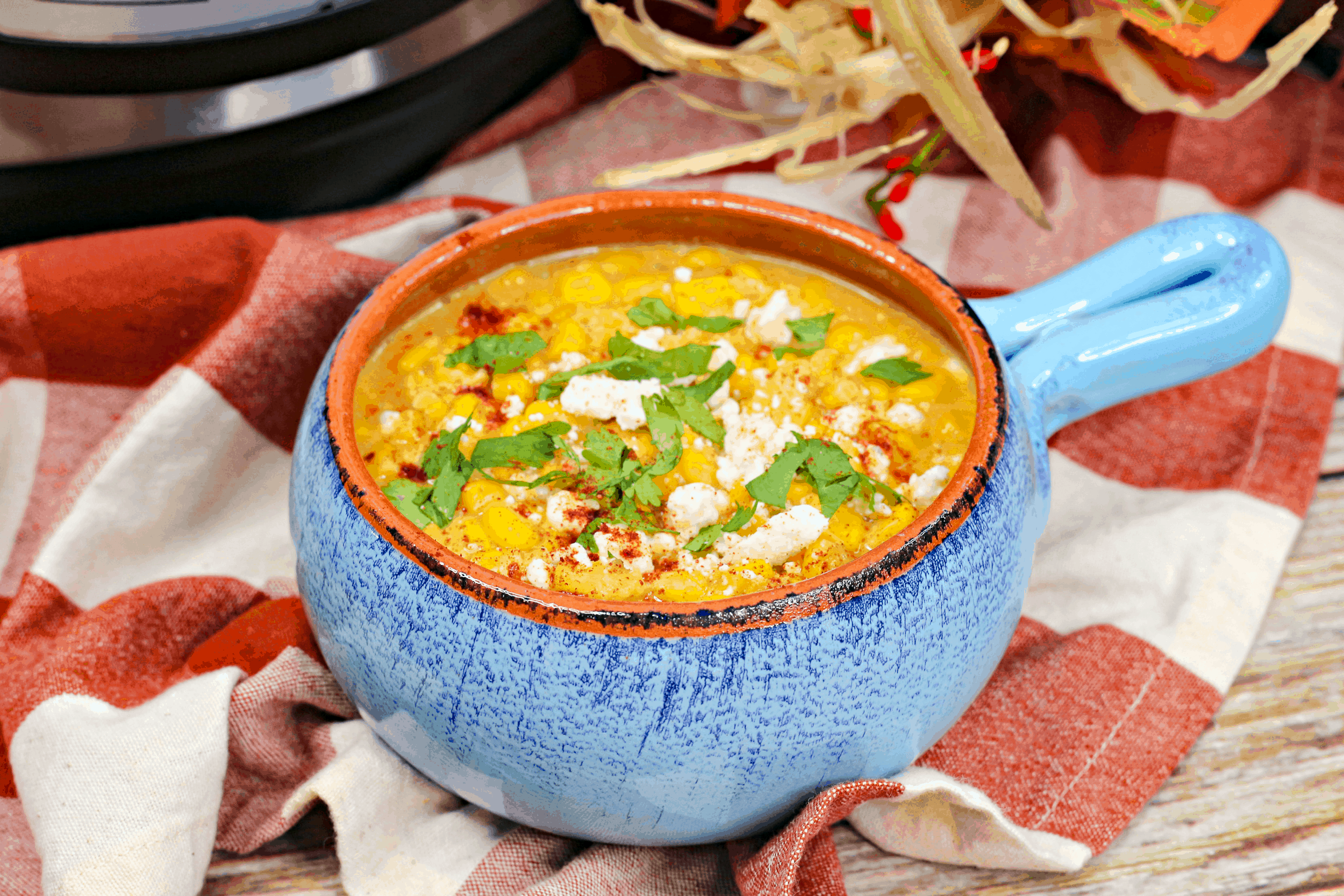 corn chowder recipe in blue bowl