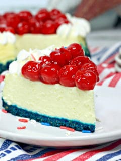 red, white and blue cheesecake on white plate