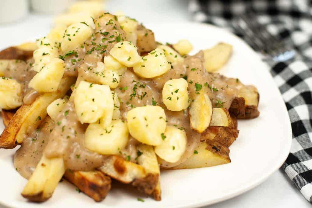 poutine gravy and fries on white plate