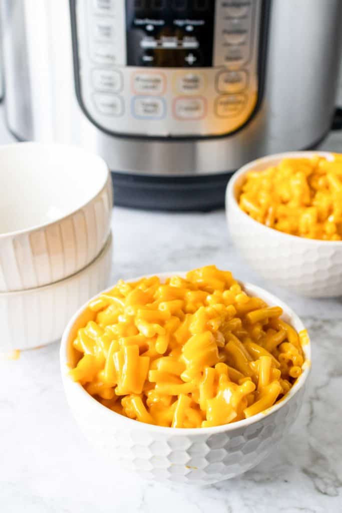 pressure cooker mac and cheese in white bowl