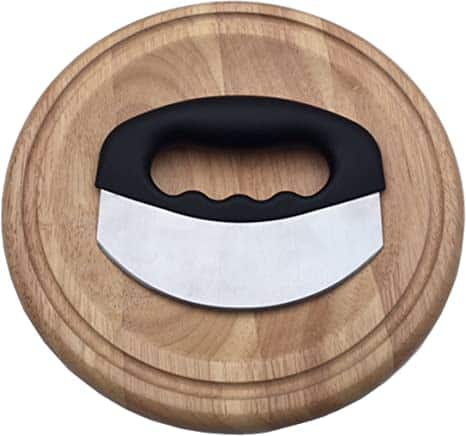 Checkered Chef Mezzaluna Knife and Round Cutting Board - Rocker Knife, Mincing Knife, and Mezzaluna Chopper w/Cover and Herb Board-Salad Chopper & Wood Butting Board
