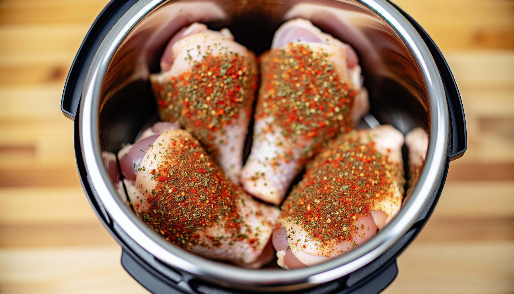 A close-up of seasoned chicken leg quarters ready for cooking in an Instant Pot